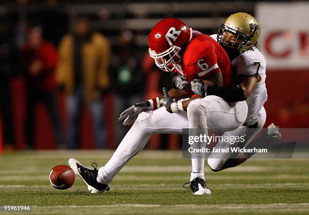 Mohamed Sanu of the Rutgers University Scarlett Knights fumbles the ball after his catch in the 4th quarter against the University of Pittsburgh...