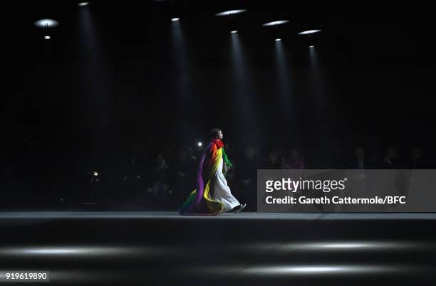 Model Cara Delevingne walks the runway at the Burberry show during London Fashion Week February 2018 at Dimco Buildings on February 17, 2018 in...