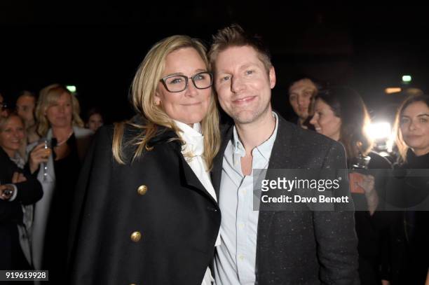 Designer Christopher Bailey and Senior Vice President of Apple Angela Ahrendts seen at the Burberry February 2018 show during London Fashion Week at...