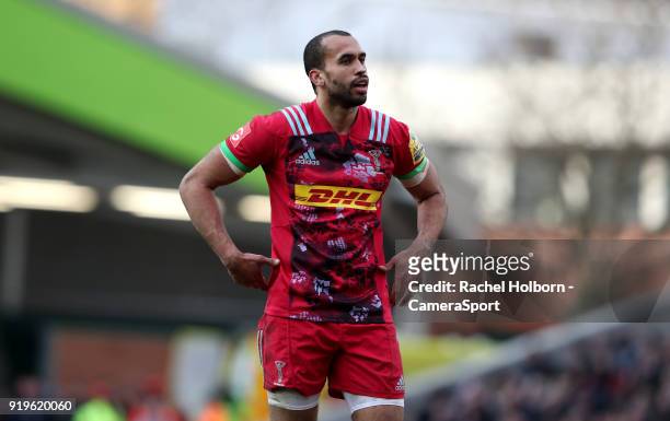 Harlequins Aaron Morris during the Aviva Premiership match between Leicester Tigers and Harlequins at Welford Road on February 17, 2018 in Leicester,...