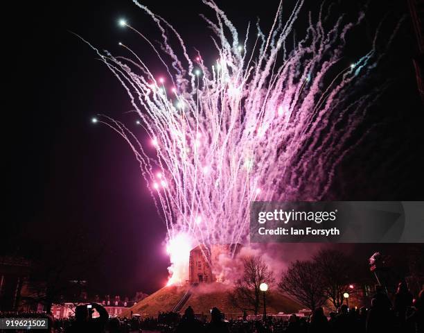 Fireworks explode around Clifford's Tower in York following a battle by re-enactors representing the rival armies of the Vikings and Anglo-Saxons...