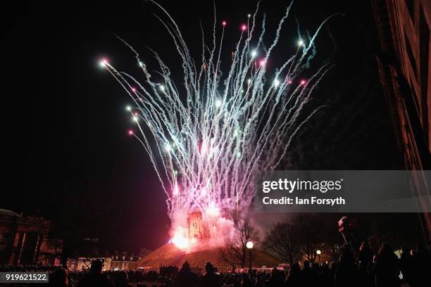 Fireworks explode around Clifford's Tower in York following a battle by re-enactors representing the rival armies of the Vikings and Anglo-Saxons...