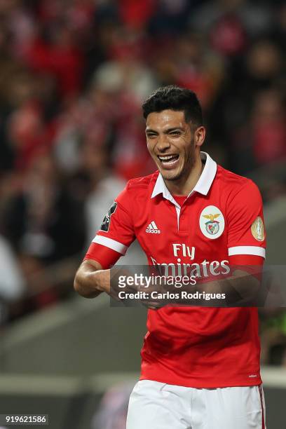 Benfica forward Raul Jimenez from Mexico celebrates scoring Benfica fourth goal during the Portuguese Primeira Liga match between SL Benfica and...
