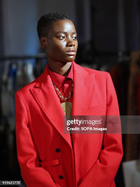 Model seen on backstage ahead of the TOGA show during London Fashion Week February 2018 at BFC Show Space.