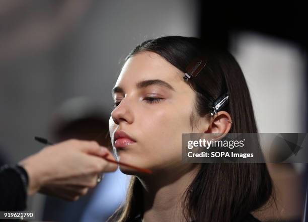 Model seen on backstage ahead of the TOGA show during London Fashion Week February 2018 at BFC Show Space.