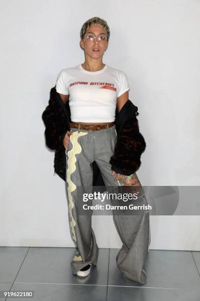 Poppy Adjudha attends the House of Holland show during London Fashion Week February 2018 at TopShop Show Space on February 17, 2018 in London,...