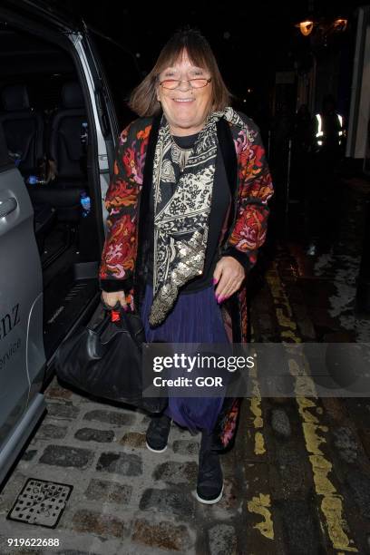 Hilary Alexander OBE seen attending the House of Holland show at Covent Garden during LFW February 2018 on February 17, 2018 in London, England.