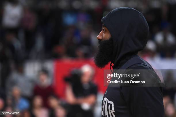 Close up shot of James Harden of Team Stephen during NBA All-Star Media Day & Practice as part of 2018 NBA All-Star Weekend at the Los Angeles...