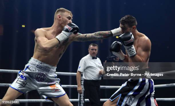 Tommy Langford and Jack Anfield during the British middleweight title fight at the Manchester Arena.