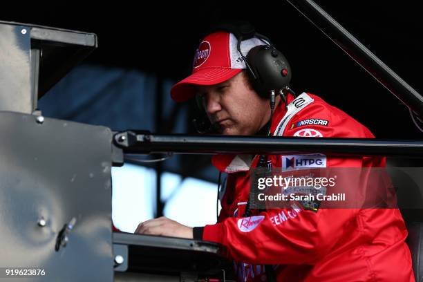 Jason Ratcliff, crew chief for Christopher Bell, driver of the Rheem Toyota, is seen during the NASCAR Xfinity Series PowerShares QQQ 300 at Daytona...