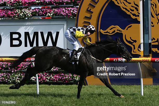 Brad Rawiller riding Viewed wins the BMW Caulfield Cup during the Caulfield Cup Day meeting at Caulfield Racecourse on October 17, 2009 in Melbourne,...