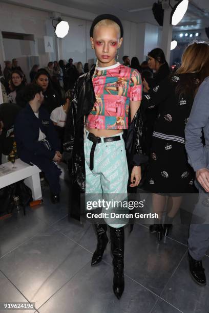 Jazelle Zanaughtti attends the House of Holland show during London Fashion Week February 2018 at TopShop Show Space on February 17, 2018 in London,...