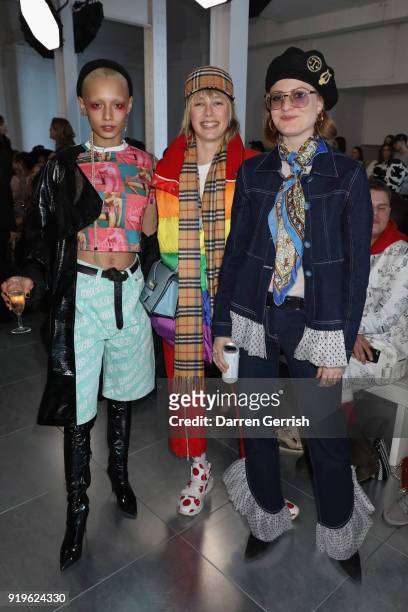 Jazelle Zanaughtti, Edie Campbell and Cristobel McCreevy attend the House of Holland show during London Fashion Week February 2018 at TopShop Show...