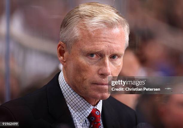 Head coach Andy Murray of the St. Louis Blues during the NHL game against the Phoenix Coyotes at Jobing.com Arena on October 15, 2009 in Glendale,...