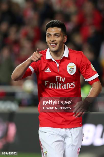 Benfica's Mexican forward Raul Jimenez celebrates after scoring a goal during the Portuguese League football match SL Benfica vs Boavista FC at the...