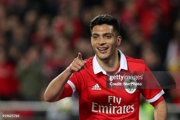 Benfica's Mexican forward Raul Jimenez celebrates after scoring a goal during the Portuguese League football match SL Benfica vs Boavista FC at the...