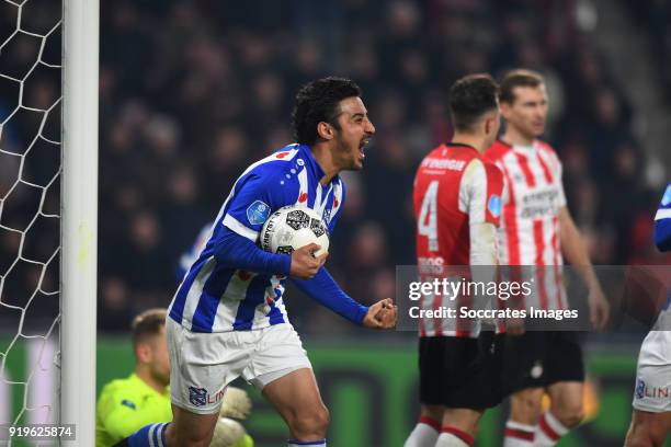 Reza Ghoochannejhad of SC Heerenveen celebrates 2-2 during the Dutch Eredivisie match between PSV v SC Heerenveen at the Philips Stadium on February...