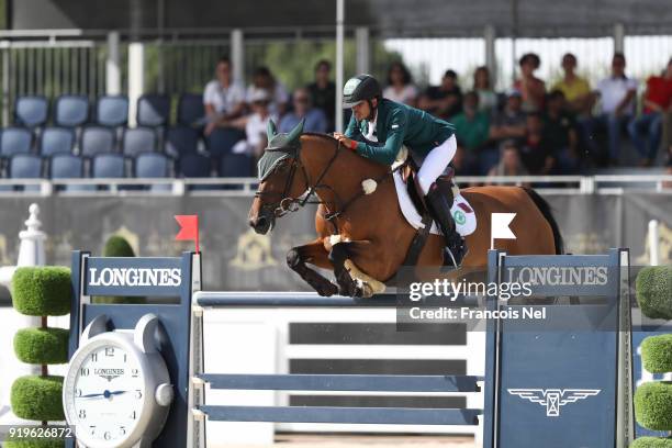 Khaled Abdulrahman of Saudi Arabia, rides Zypern Almobty during The President of the UAE Show Jumping Cup at Al Forsan on February 17, 2018 in Abu...