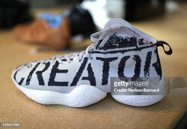 Custom adidas at Maker Lab at adidas Creates 747 Warehouse St. - an event in basketball culture on February 17, 2018 in Los Angeles, California.