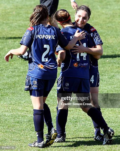 Selin Kurulay of Melbourne is congratulated by teammates after scoring a goal during the round three W-League match between Adelaide United and the...