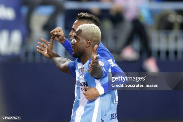 Ideye of Malaga CF celebrates 1-0 during the La Liga Santander match between Malaga v Valencia at the Estadio La Rosaleda on February 17, 2018 in...