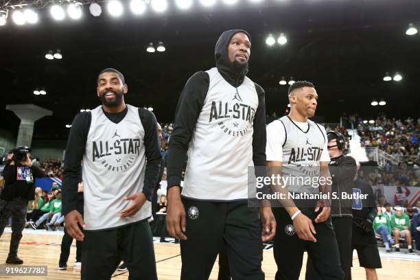 Kyrie Irving, Kevin Durant and Russell Westbrook of Team LeBron participate in the NBA All-Star practice as part of the 2018 NBA All-Star Weekend on...