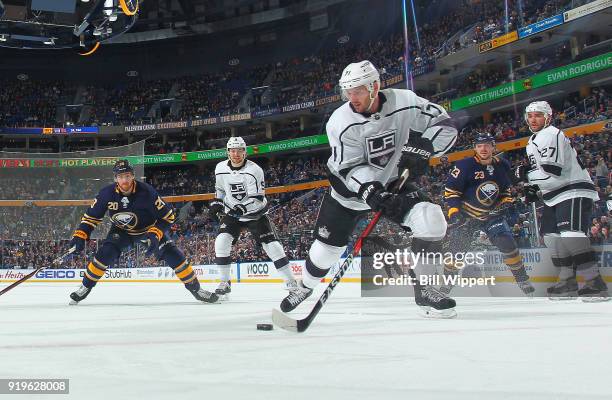 Torrey Mitchell of the Los Angeles Kings controls the puck against the Buffalo Sabres during an NHL game on February 17, 2018 at KeyBank Center in...