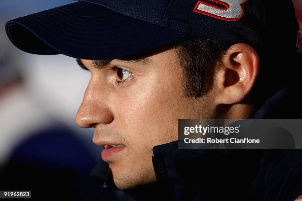 Dani Pedrosa of Spain rider of the Repsol Honda Team Honda talks to the media during a press conference after the qualifying session for the...