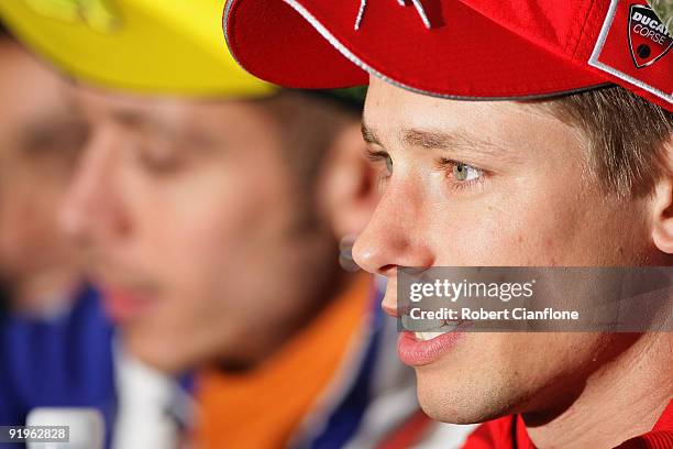 Casey Stoner of Australia rider of the Ducati Marlboro Team Ducati talks to the media during a press conference after the qualifying session for the...