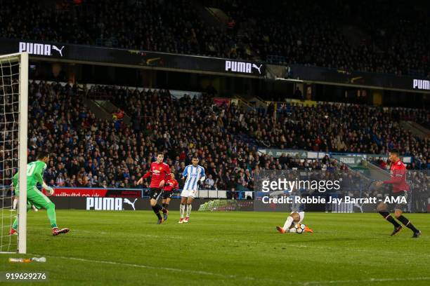 Tom Ince of Huddersfield Town misses a chance on goal during the Emirates FA Cup Fifth Round match at The John Smiths Stadium on February 17, 2018 in...
