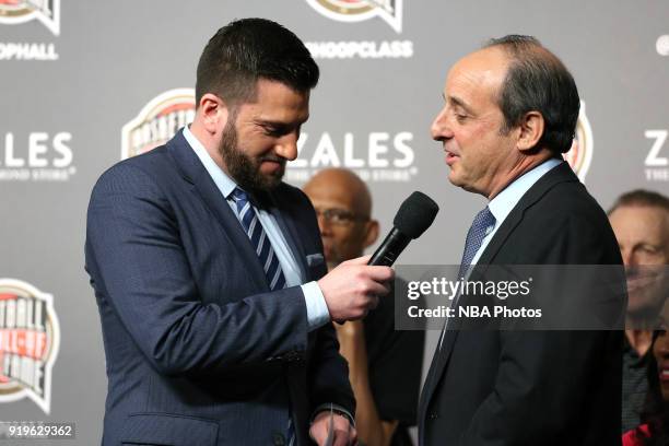 Andy Bernstein winner of the 2018 Curt Gowdy Media Award during the 2018 Naismith Memorial Basketball Hall of Fame announcement at STAPLES Center on...