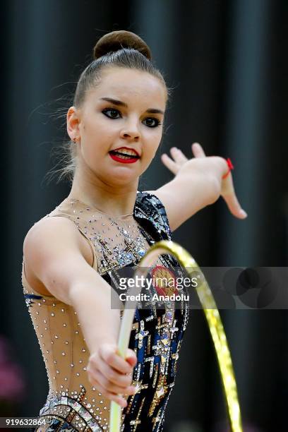Russian individual rhythmic gymnast Dina Averina performs during the 2018 Moscow Rhythmic Gymnastics Grand Prix GAZPROM Cup in Moscow on February 17,...