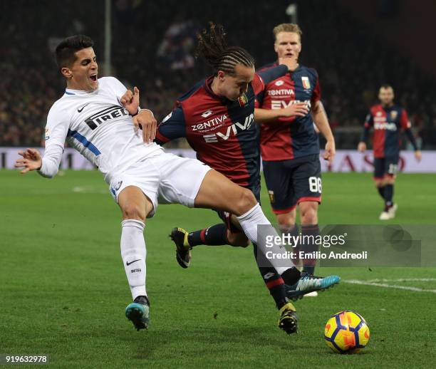 Joao Cancelo of FC Internazionale Milano competes for the ball with Diego Laxalt of Genoa CFC during the serie A match between Genoa CFC and FC...