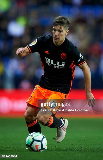 Luciano Vietto of Valencia controls the ball during the La Liga match between Malaga and Valencia at Estadio La Rosaleda on February 17, 2018 in...