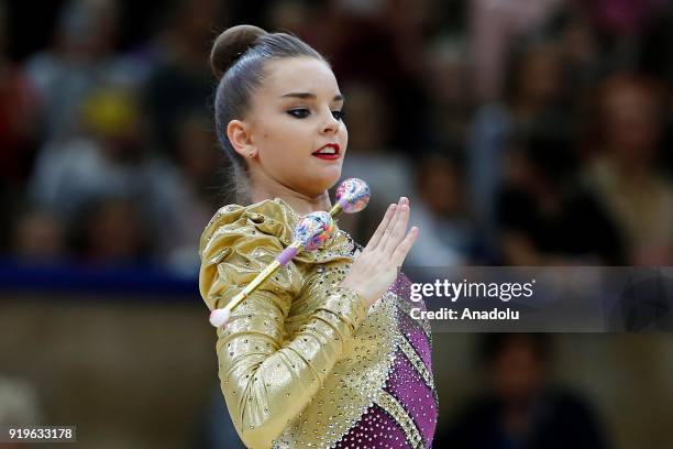 Russian individual rhythmic gymnast Dina Averina performs during the 2018 Moscow Rhythmic Gymnastics Grand Prix GAZPROM Cup in Moscow on February 17,...