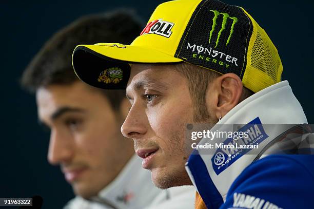 Valentino Rossi of Italy and Fiat Yamaha Team looks on during the press conference for his second place in MotoGP class after the qualifying practice...