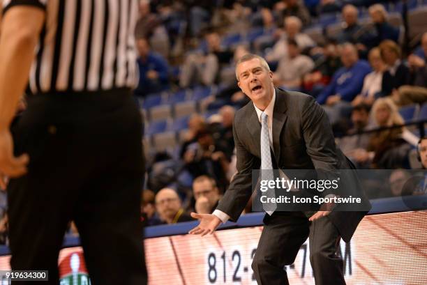 Indiana State Sycamores head coach Greg Lansing shouts to an official during the Missouri Valley Conference college basketball game between the...