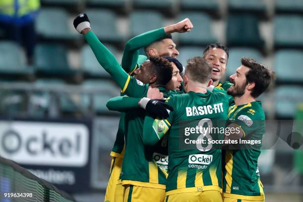 Nasser El Khayati of ADO Den Haag celebrates 2-1 with Sheraldo Becker of ADO Den Haag, Bjorn Johnsen of ADO Den Haag, Aaron Meijers of ADO Den Haag,...