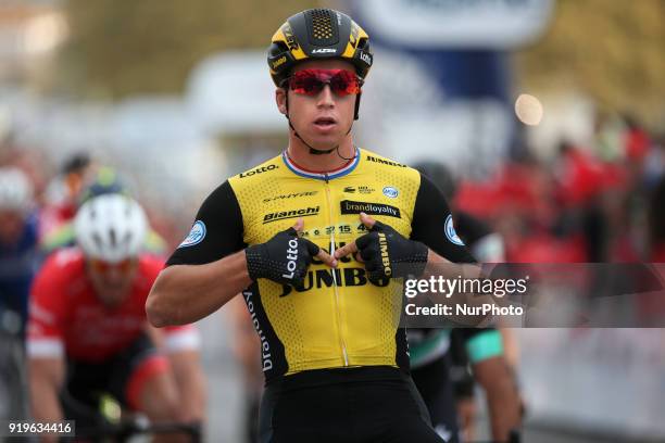 Dylan Groenewegen of Team Lotto NL-Jumbo wins the 4th stage of the cycling Tour of Algarve between Almodovar and Tavira, on February 17, 2018.