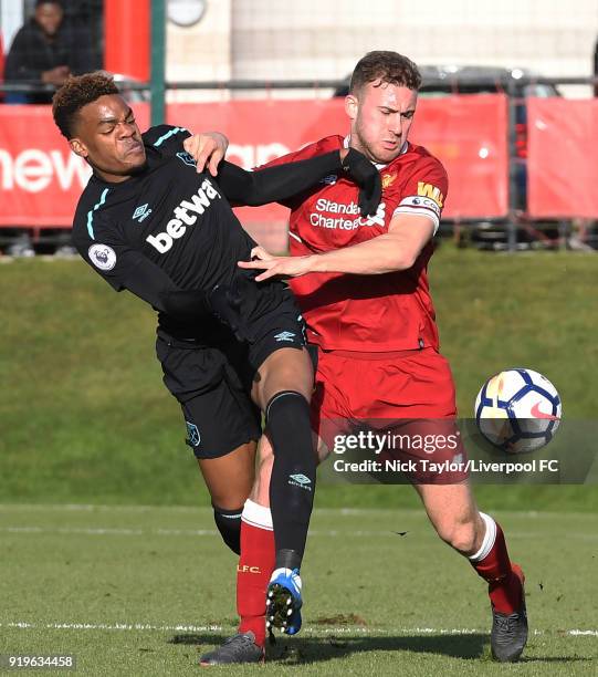 Herbie Kane of Liverpool and Grady Diangana of West Ham United in action during the Liverpool v West Ham United PL2 game at The Kirkby Academy on...