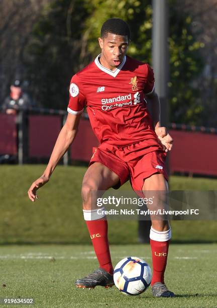 Elijah Dixon-Bonner of Liverpool in action during the Liverpool v West Ham United PL2 game at The Kirkby Academy on February 17, 2018 in Kirkby,...