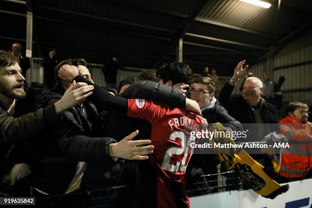 Scorer of the winning goal, Dimitris Froxylias of Dumbarton celebrates with the fans at the final whistle during the Irn Bru Cup Semi-Final match...