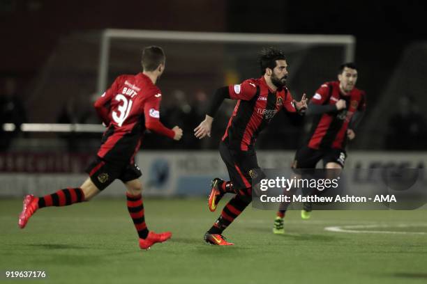 Dimitris Froxylias of Dumbarton celebrates after scoring a goal to make it 1-2 during the Irn Bru Cup Semi-Final match between The New Saints and...