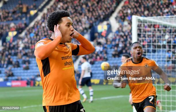 Helder Costa of Wolverhampton Wanderers celebrates after scoring a goal to make it 1-1 during the Sky Bet Championship match between Preston North...