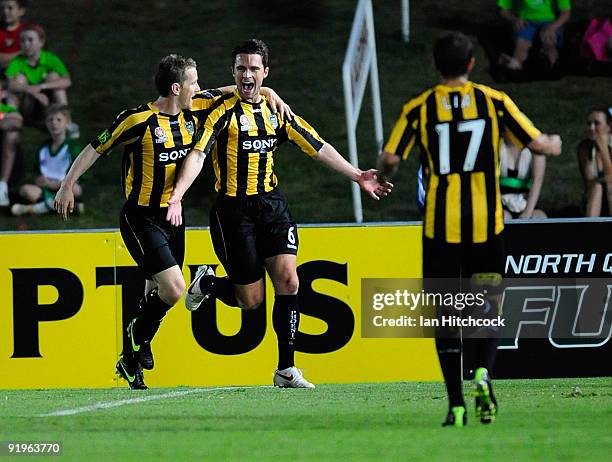 Tim Brown of the Phoenix celebrates his goal during the round 11 A-league match between the North Queensland Fury and the Wellington Phoenix at Dairy...