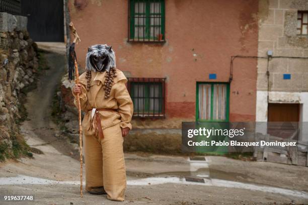 Reveller dressed as 'Harramacho' poses for a portrait during the traditional Navalacruz Carnival on February 17, 2018 in Navalacruz, Spain. The rural...