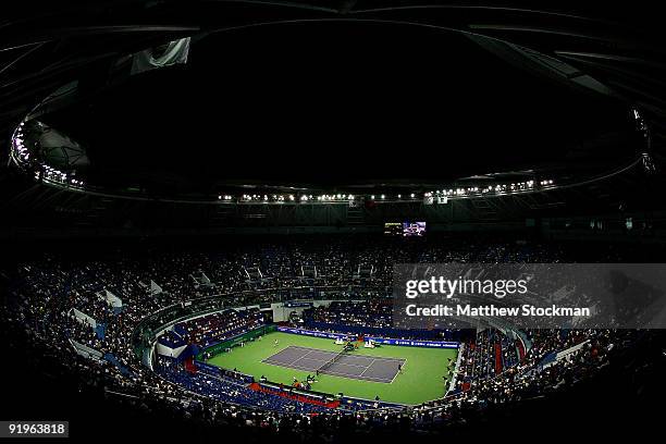 Novak Djokovic of Serbia serves to Nikolay Davydenko of Russia during their semi-final match on day seven of the 2009 Shanghai ATP Masters 1000 at Qi...