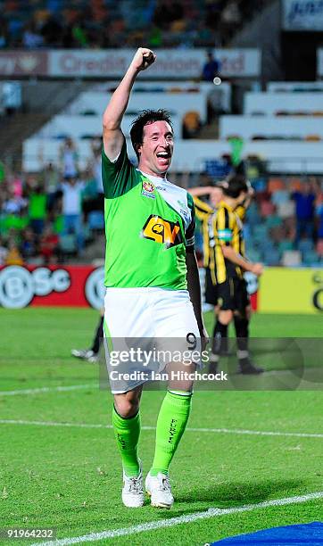 Robbie Fowler of the Fury celebrates after scoring the equalising goal during the round 11 A-league match between the North Queensland Fury and the...