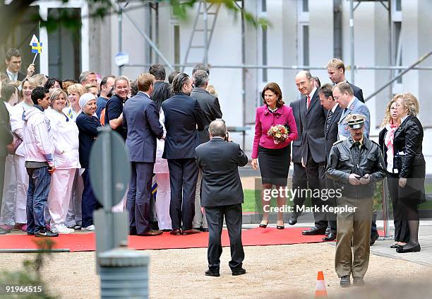 Queen Silvia of Sweden leaves after the opening ceremony of the first german section in a hospital for dementia patients following the model of her...