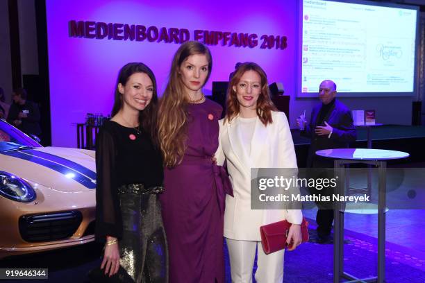 Anna Julia Kapfelsperger, Pheline Roggan and Lavinia Wilson attend the Medienboard Berlin-Brandenburg Reception during the 68th Berlinale...